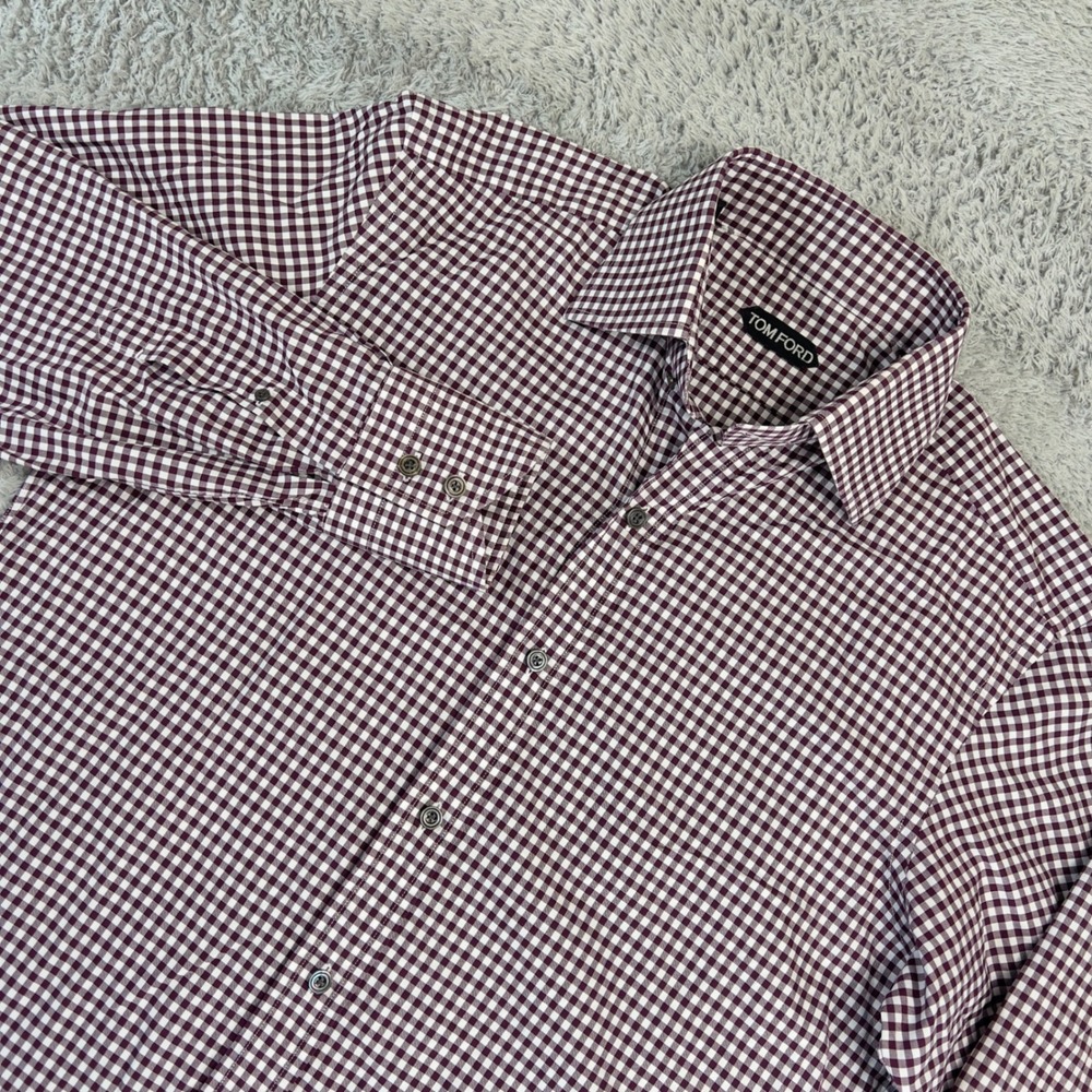 Tom Ford Mens Burgundy Gingham Check Cotton Dress Shirt Size 40 15.75 Swiss Made